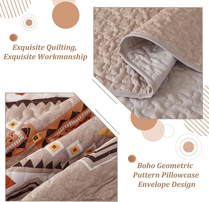 WONGS BEDDING Boho Beige Quilt Set King Size,Geometry Printed Bedspread Coverlet Set with 2 Pillowcases,Soft Bohemian Bedding Set King 104"×90"