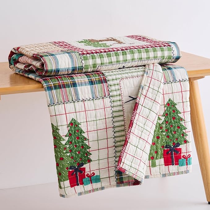 Levtex Home - Home for Christmas Sage - Quilted Throw (50x60in.) - Patchwork Holiday - Red Green White - Reversible - Cotton