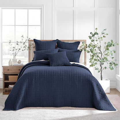 Levtex Home Mills Waffle Queen Bedspread Set (104x106in) with 2 Pillow Shams (26x20in) - Navy - 100% Cotton Queen Size Bedspread Set - Lightweight, Soft, Pre-Washed