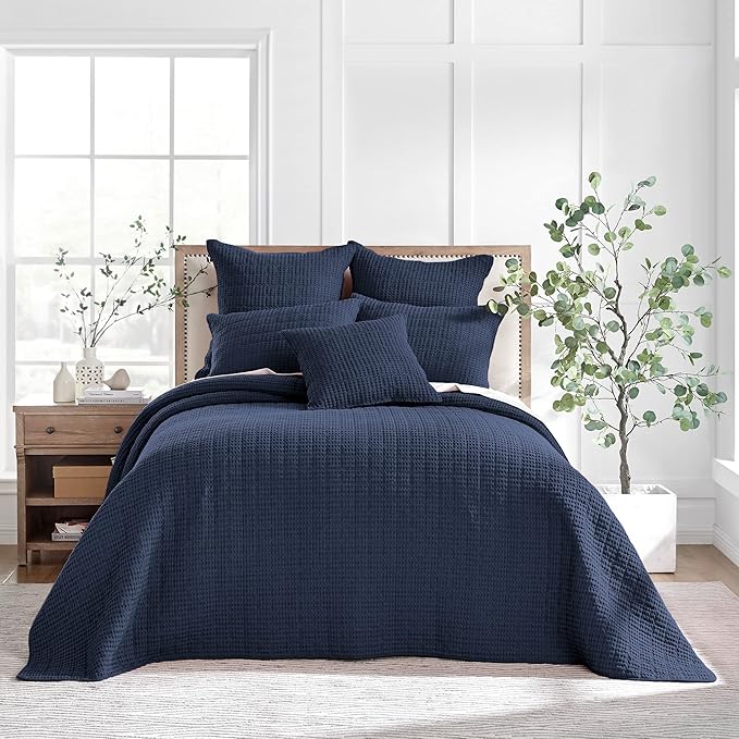 Levtex Home Mills Waffle King Bedspread Set (120x104in) with 2 Pillow Shams (36x20in) - Navy - Cotton King Size Bedspread Set - Soft, Pre-Washed