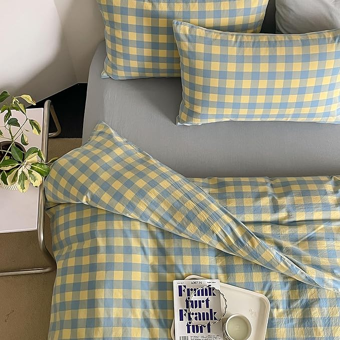mixinni Yellow Blue Green Checkered Duvet Cover Set - Full Size, 3-Piece 100% Cotton Bedding Set, Soft & Breathable Geometric Plaid Comforter Cover with Zipper for All Seasons
