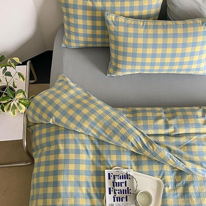 mixinni Plaid Duvet Cover Set Queen Yellow - Soft Washed Cotton Modern Geometric Bedding Set with 2 Pillowcases, Blue Green Gingham Grid Queen Duvet Cover for Men & Women, Soft & Lightweight