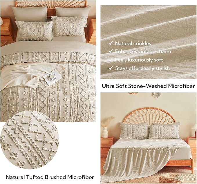 MR&HM Tufted Boho Comforter Set California King, Linen Farmhouse Bedding Set, Bed in a Bag Set 7 Pieces with 1 Comforter, 2 Pillow Shams, 2 Pillowcases, 1 Flat Sheet, 1 Fitted Sheet for All Seasons