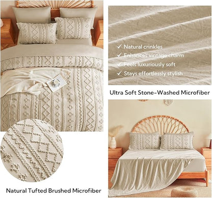 MR&HM Tufted Boho Comforter Set California King, Linen Farmhouse Bedding Set, Bed in a Bag Set 7 Pieces with 1 Comforter, 2 Pillow Shams, 2 Pillowcases, 1 Flat Sheet, 1 Fitted Sheet for All Seasons