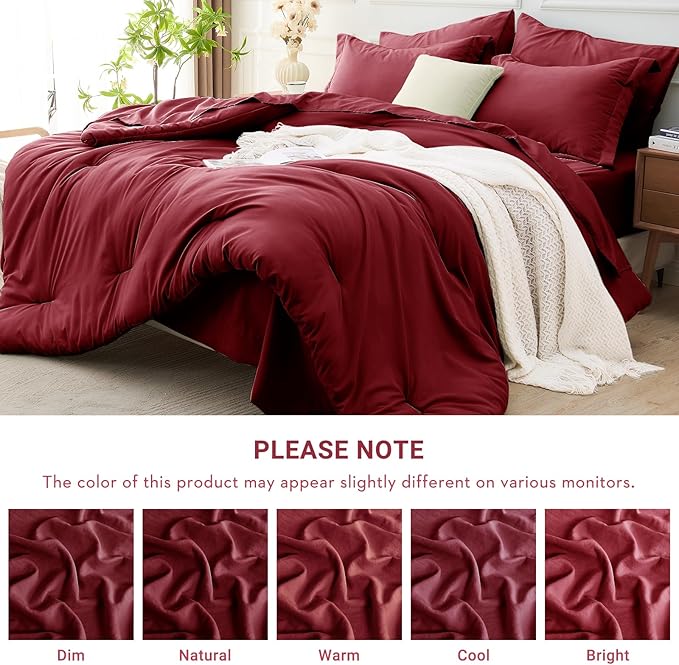 MUXHOMO 5 Pieces Twin XL Comforter Set, Soft Bed in a Bag Twin XL Size, All Season Bedding Set with Comforter, Flat Sheet, Fitted Sheet, Pillowcases & Shams, Burgundy Red