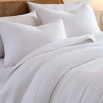 palassio Striped White 100% Cotton Quilt Twin Size Bedding Sets, Lightweight Crinkly Channel Pick Stitch Textured Bedspread Soft Shabby Chic Farmhouse Country Coverlet for All Season, 1 Sham