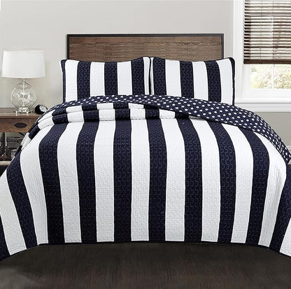 Cozy Line Home Fashions Sailor Popeye 's Bedding Quilt Set, Nautical Navy Blue White Star Striped 100% Cotton Reversible Coverlet Bedspread for Kids Boy (Sailor Star, Twin - 2 Piece)