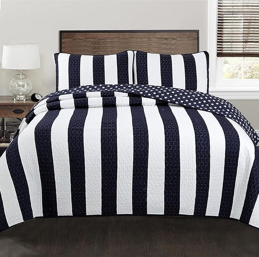 Cozy Line Home Fashions Sailor Popeye 's Bedding Quilt Set, Nautical Navy Blue White Star Striped 100% Cotton Reversible Coverlet Bedspread for Kids Boy (Sailor Star, Twin - 2 Piece)
