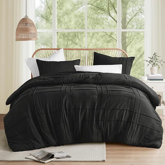 Comfort Spaces Black Twin Size Comforter Set - 2 Pieces Pintuck Pleated Bedding Sets Twin, All Season Lightweight, Extra Softness Pre-Washed Microfiber Twin Bed Set, Shams, Twin/Twin XL