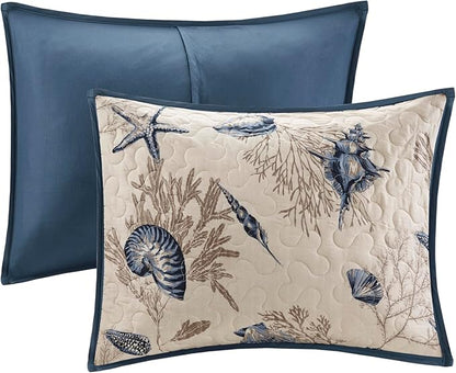 Madison Park Quilt Set Cottage Coastal Design, Starfish Print - All Season, Coverlet Bedspread Lightweight Bedding Layer, Shams, Toss Pillows, Twin/Twin XL(68"x90"), Bayside Blue/Ivory 5 Piece