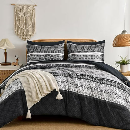 Boho Comforter Set Queen Size,7 Pieces Bohemian Comforter Bedding Set Bed in a Bag,Dark Grey Paisley Floral Comfortet and Sheet Set,Soft Gray Striped Bedding Sets for All Season