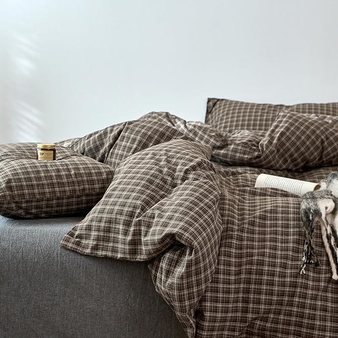LifeTB Brown Plaid Duvet Cover Set Twin, 100% Washed Cotton Buffalo Grid Duvet Cover, Vintage Checkered Plaid Comforter Cover with Zipper Closure, Breathable Farmhouse Gingham Bedding Set