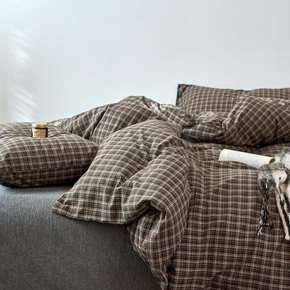LifeTB Brown Plaid Duvet Cover Set Twin XL, Soft 100% Washed Cotton Bedding Set with Grid Pattern, Vintage Plaid Checkered Comforter Cover Breathable Farmhouse Gingham Bedding Set Twin XL