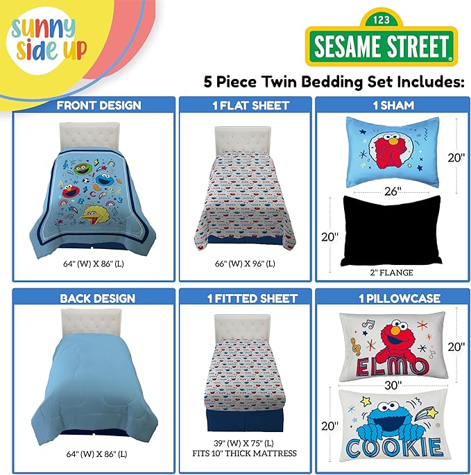 Sunny Side Up Sesame Street Twin Comforter Set - 5 Piece Kids Bedding Includes Comforter, Sheets & Pillow Cover – Super Soft Microfiber Bed Set with Elmo, Cookie Monster and Big Bird