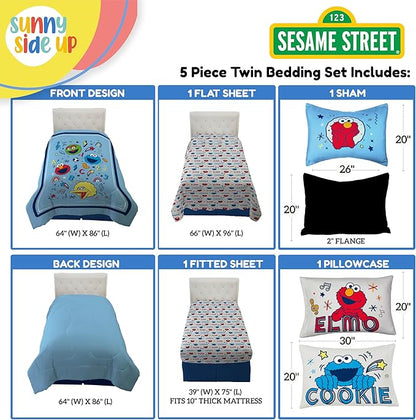 Sunny Side Up Sesame Street Twin Comforter Set - 5 Piece Kids Bedding Includes Comforter, Sheets & Pillow Cover – Super Soft Microfiber Bed Set with Elmo, Cookie Monster and Big Bird