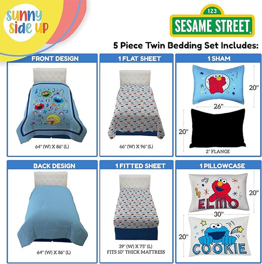 Sunny Side Up Sesame Street Twin Comforter Set - 5 Piece Kids Bedding Includes Comforter, Sheets & Pillow Cover – Super Soft Microfiber Bed Set with Elmo, Cookie Monster and Big Bird