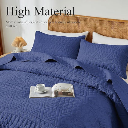 akkialla Full/Queen Size Quilt Bedding Set,Navy Blue Lightweight Microfiber Soft Bedspread,Modern Style Geoetric Pattern Coverlet Set for All Seasons,3 Piece(1 Quilt,2 Pillow Shams)