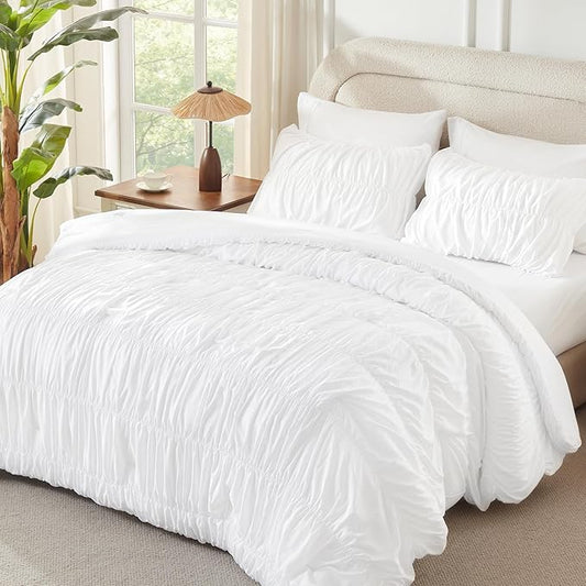 Andency Ruched White Queen Comforter Set, Shabby Chic Pleated Bedding Sets 3 Pieces, Lightweight Soft Boho Ruffle Bed Set for Girls, Kids, Women, All Season