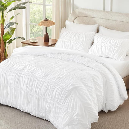 Andency Ruched White King Size Comforter Set, Shabby Chic Pleated Bedding Sets 3 Pieces, Lightweight Soft Boho Ruffle Bed Set for Girls, Kids, Women, All Season