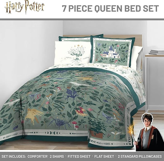 Jay Franco Kids Comforter Set Includes Sheets and Pillow Covers - Soft and Cozy Bed Set for Stylish Room Decor, Official Licensed Product, Green - Harry Potter, 7 Piece Queen