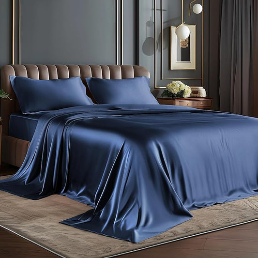 BEDELITE Satin Sheets Full XL Size Bed Set, Luxury Soft Navy Silky Sheets for Hair and Skin, Similar to Silk Bed Sheets Set 4 Pieces with 1 Deep Pocket Fitted Sheet, 1 Flat Sheet, 2 Pillowcases