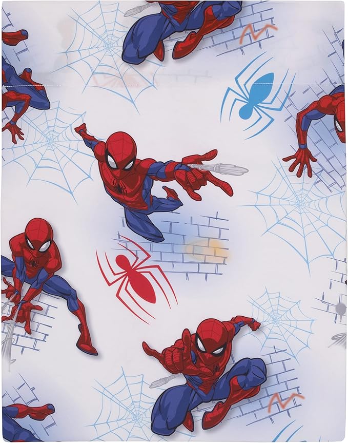 Disney Marvel Spiderman Wall Crawler Red, White, and Blue Spider Webs 4 Piece Toddler Bed Set - Comforter, Fitted Bottom Sheet, Flat Top Sheet, and Reversible Pillowcase