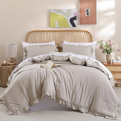 JANZAA King Size Ruffled Comforter Set Soft Vintage Farmhouse Bed Set Shabby Fluffy 3PCS Bedding (1 Oatmeal Comforter Set and 2 Pillowcases)