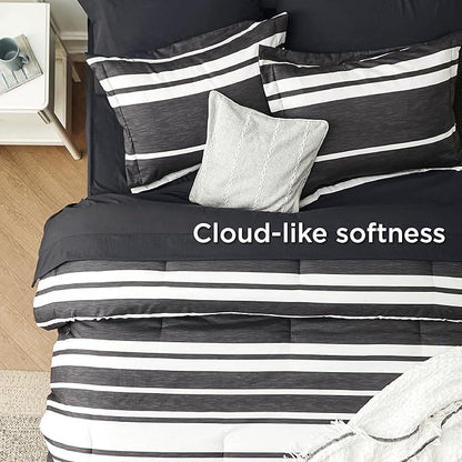 Bedsure California King Comforter Set 7 Pieces, Black Striped Bedding Set for All Seasons, Reversible, Cationic Dyeing Bed in a Bag with Comforter, Sheets, Pillowcases & Shams