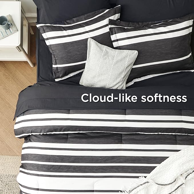 Bedsure Queen Comforter Set 7 Pieces, Black Striped Bedding Set for All Seasons, Reversible, Cationic Dyeing Bed in a Bag with Comforter, Sheets, Pillowcases & Shams