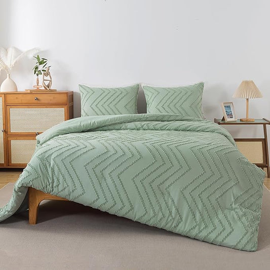 Andency Sage Green Comforter Full, Boho Soft Fluffy Warm Lightweight Bedding Comforter Sets for Full Bed, 3 Pieces Light Green Chevron Tufted Aesthetic Microfiber Lightweight Comforter Set