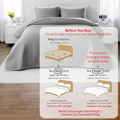 King Quilt Set – 104"x90" Soft Washed 3-Layer Lightweight Bedspread with Multi-Lock Quilting, Minimalist Nordic Bedding, All-Season Quilt for Spring, Summer & Fall (1 Quilt + 2 Pillow Shams), Grey
