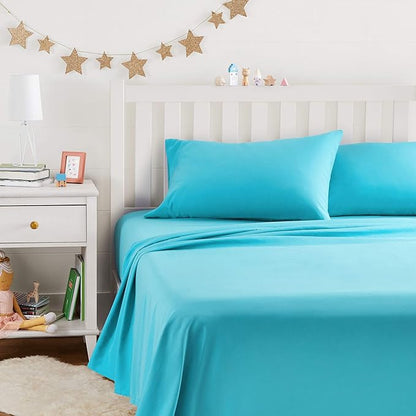 Amazon Basics Kid's Breathable Soft Microfiber 4-Piece Sheet Set, Easy-Wash, Full, Bright Aqua, Solid