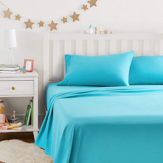 Amazon Basics Kid's Breathable Soft Microfiber 4-Piece Sheet Set, Easy-Wash, Full, Bright Aqua, Solid