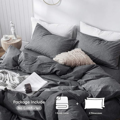 MooMee Bedding Duvet Cover Set 100% Washed Cotton Linen Like Textured Breathable Durable Soft Comfy (Heathered Dark Grey, Oversized King Plus 128"x120")