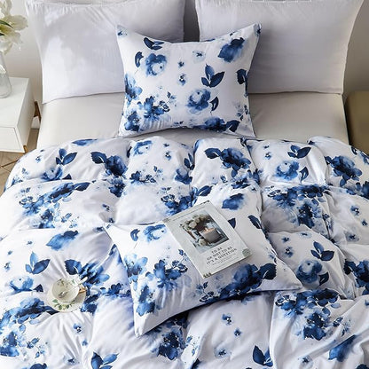 Cupocupa Queen Duvet Cover Set - 3pc Blue Floral Art Deco Bedding - Soft Botanical Print Polyester Duvet Cover with 2 Pillowcases - All Season Reversible Comforter Cover (Queen, Blue Floral)
