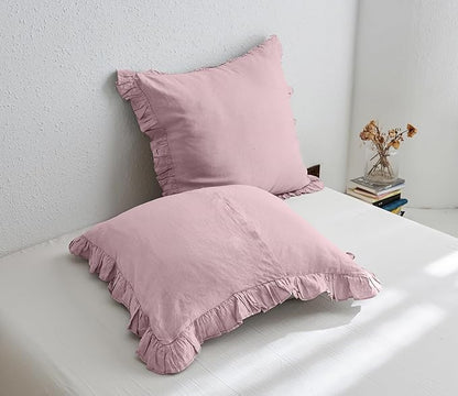 Simple&Opulence 100% Linen Euro Sham Covers with Ruffle, 26x26 Inch Pillow Covers Set of 2, Euro Pillow Shams for Bed Couch French Home Decor Luxury and Breathable Square Pillow Cases, Blush Pink