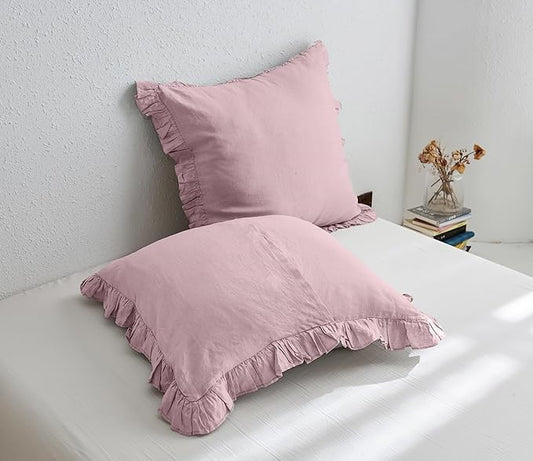 Simple&Opulence 100% Linen Euro Sham Covers with Ruffle, 26x26 Inch Pillow Covers Set of 2, Euro Pillow Shams for Bed Couch French Home Decor Luxury and Breathable Square Pillow Cases, Blush Pink
