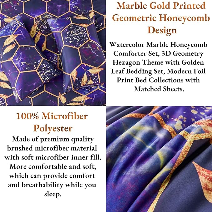 ANGIYUIN 7Pcs Bed-in-A-Bag Purple Gold Marble Comforter Set Full Size, 3D Geometric Hexagon Comforter Bedding Set, Modern Foil Print Bed Sets with Matched Sheets for Women Men(Purple Full)