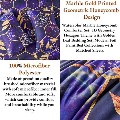ANGIYUIN 7Pcs Bed-in-A-Bag Purple Gold Marble Comforter Set Full Size, 3D Geometric Hexagon Comforter Bedding Set, Modern Foil Print Bed Sets with Matched Sheets for Women Men(Purple Full)