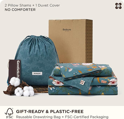 Bedsure Floral Duvet Cover Queen Size - 100% Cotton Reversible Botanical Shabby Chic Duvet Cover Set, 3 Pieces Soft & Breathable PureWoven Bedding Set with 2 Pillow Shams (Vintage Teal Floral 90"x90")