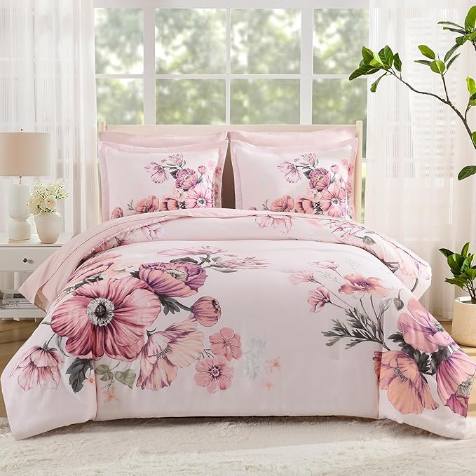 King Size Comforter Set - 7 Pieces Floral Comforter and Sheet Set, Pink King Size Bed in a Bag, Soft Microfiber Flower Complete Bedding Set for All Seasons（Pink,104"x90"）