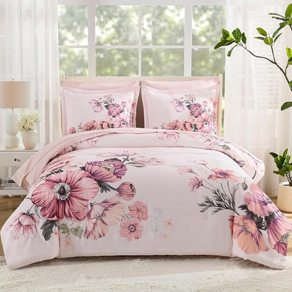 King Size Comforter Set - 7 Pieces Floral Comforter and Sheet Set, Pink King Size Bed in a Bag, Soft Microfiber Flower Complete Bedding Set for All Seasons（Pink,104"x90"）