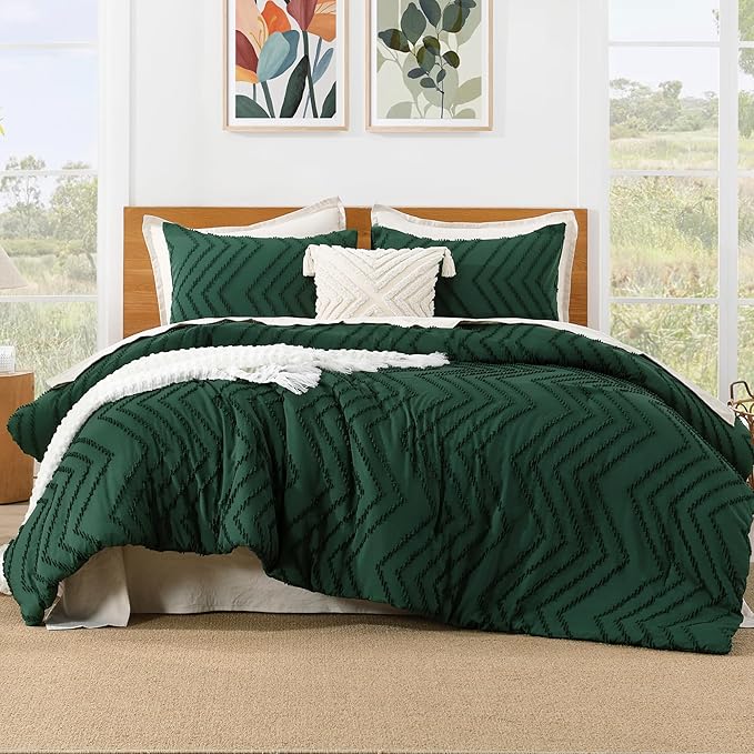 Litanika Twin/Twin XL Comforter Set, 2 Pieces Boho Chevron Tufted Bedding Comforter Set, All Season Bed Set Emerald Green