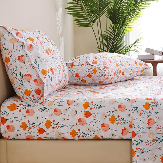 JSD Floral Floral Sheet Set Cal King, 4 Piece Spring Printed Microfiber Bed Sheets Deep Pocket