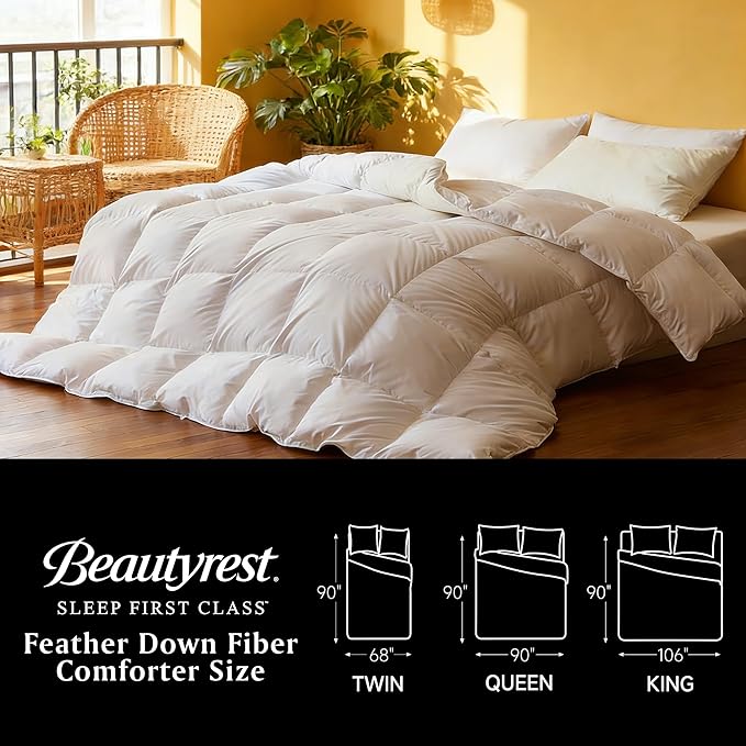 Beautyrest Luxury Hotel Collection Down Comforter Full/Queen Size - 100% Cotton All Season Duvet Insert, Fluffy Goose Feather Fiber with Corner Tabs, White (90" W X 90" L)