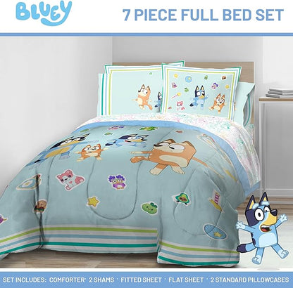 Jay Franco Kids Comforter Set Includes Sheets and Pillow Covers - Soft and Cozy Bed Set for Stylish Room Decor, Blue - Bluey 7 Piece Full Size Bedding