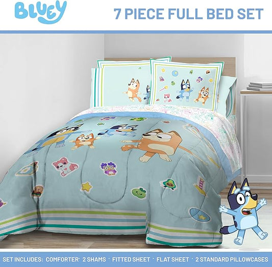 Jay Franco Kids Comforter Set Includes Sheets and Pillow Covers - Soft and Cozy Bed Set for Stylish Room Decor, Blue - Bluey 7 Piece Full Size Bedding