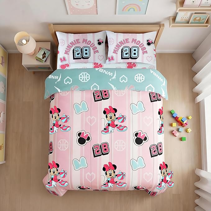 Northwest Disney Minnie Mouse Full Size Comforter Set, 5 Piece Reversible Design Ultra Soft Fade Resistant Microfiber Kids Bedding Set, Officially Licensed
