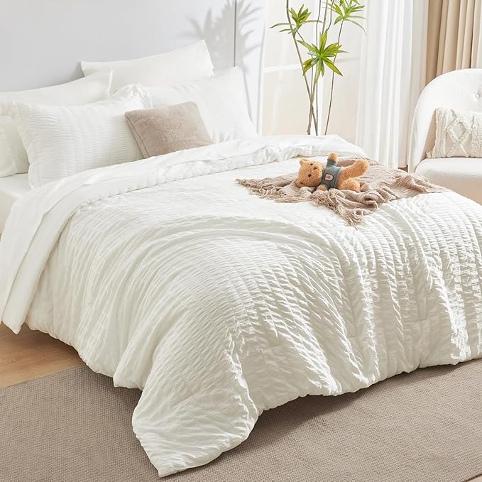 CozyLux Full Size Comforter Sets with Sheets 7 Pieces, Ivory Seersucker Bed in a Bag Textured Luxury Soft Bedding Sets with Down Alternative Comforter, Sheets, Pillowcases & Shams for All Season