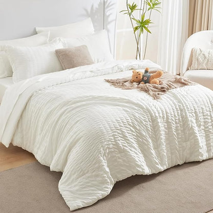 CozyLux Full Size Comforter Sets with Sheets 7 Pieces, Ivory Seersucker Bed in a Bag Textured Luxury Soft Bedding Sets with Down Alternative Comforter, Sheets, Pillowcases & Shams for All Season